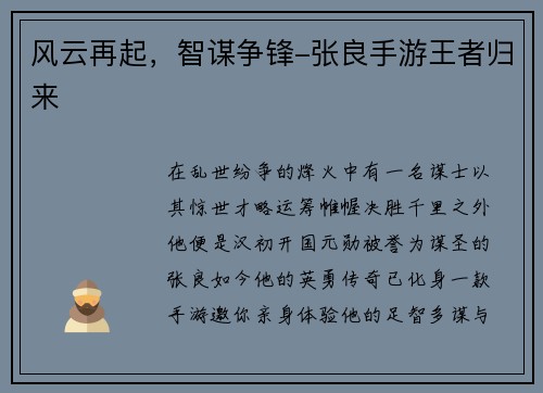 风云再起，智谋争锋-张良手游王者归来