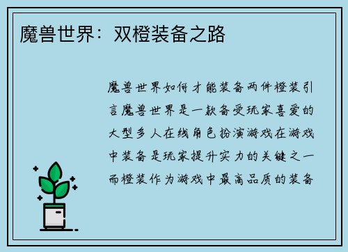 魔兽世界：双橙装备之路